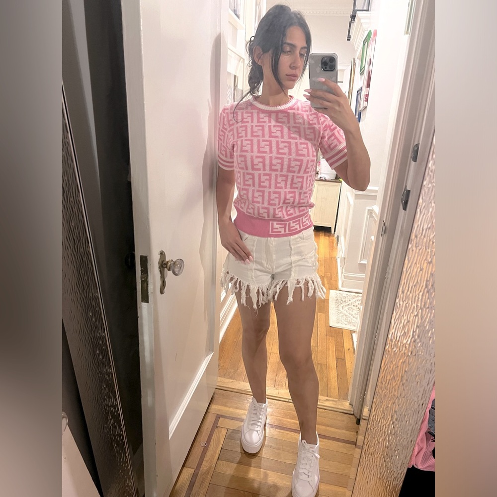 Pink and white sweater shirt top